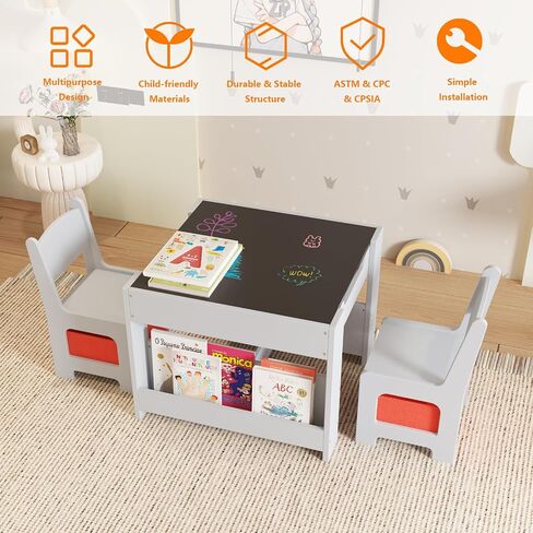 Kids Table and Chair Set, 4 in 1 Wooden Activity Table & 2 Chairs with Storage Drawer Detachable Tabletop for Toddlers Kids Drawing, Reading, Crafts, Art,Homework, Nursery, Playroom in Saudi Arabia
