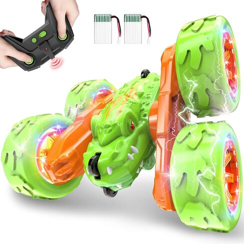 SpringFlower Remote Control Car Toy for Boys 3 4 5 6 7 8 Years Olds, Rechargeable Dinosaur RC Cars,360° Flip Double Sided RC Stunt Cars with Led Light, Dinosaur Toys for Kids Birthday Xmas Gifts,Blue in Saudi Arabia