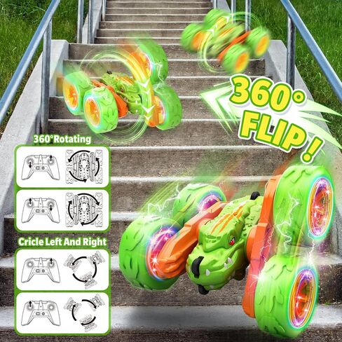 SpringFlower Remote Control Car Toy for Boys 3 4 5 6 7 8 Years Olds, Rechargeable Dinosaur RC Cars,360° Flip Double Sided RC Stunt Cars with Led Light, Dinosaur Toys for Kids Birthday Xmas Gifts,Blue in Saudi Arabia