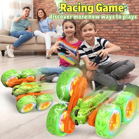 SpringFlower Remote Control Car Toy for Boys 3 4 5 6 7 8 Years Olds, Rechargeable Dinosaur RC Cars,360° Flip Double Sided RC Stunt Cars with Led Light, Dinosaur Toys for Kids Birthday Xmas Gifts,Blue in Saudi Arabia