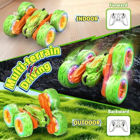 SpringFlower Remote Control Car Toy for Boys 3 4 5 6 7 8 Years Olds, Rechargeable Dinosaur RC Cars,360° Flip Double Sided RC Stunt Cars with Led Light, Dinosaur Toys for Kids Birthday Xmas Gifts,Blue in Kuwait