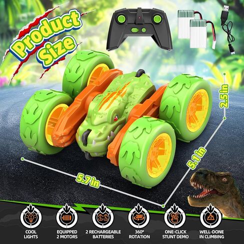 SpringFlower Remote Control Car Toy for Boys 3 4 5 6 7 8 Years Olds, Rechargeable Dinosaur RC Cars,360° Flip Double Sided RC Stunt Cars with Led Light, Dinosaur Toys for Kids Birthday Xmas Gifts,Blue in Kuwait
