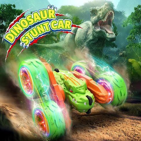 SpringFlower Remote Control Car Toy for Boys 3 4 5 6 7 8 Years Olds, Rechargeable Dinosaur RC Cars,360° Flip Double Sided RC Stunt Cars with Led Light, Dinosaur Toys for Kids Birthday Xmas Gifts,Blue in Kuwait