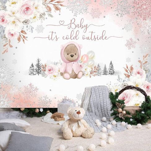 Avezano Winter Bear Baby Shower Backdrop for Girls Baby It's Cold Outside Party Decorations Photography Background We can Bearly Wait Pink Snowflakes Baby Shower Photoshoot (7x5ft) in Saudi Arabia