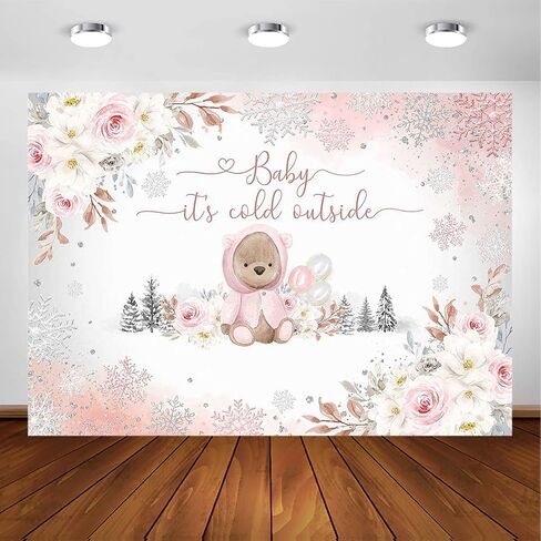 Avezano Winter Bear Baby Shower Backdrop for Girls Baby It's Cold Outside Party Decorations Photography Background We can Bearly Wait Pink Snowflakes Baby Shower Photoshoot (7x5ft) in Saudi Arabia