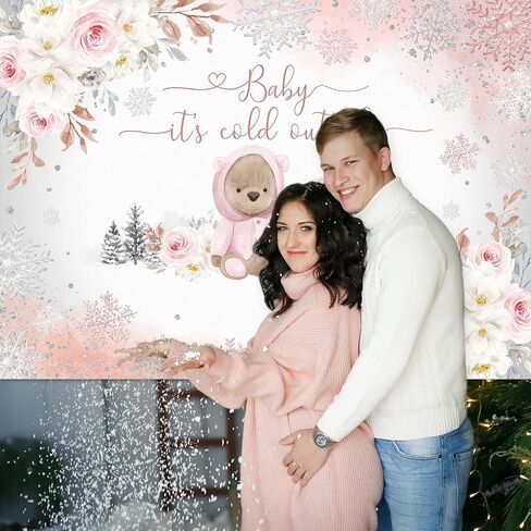 Avezano Winter Bear Baby Shower Backdrop for Girls Baby It's Cold Outside Party Decorations Photography Background We can Bearly Wait Pink Snowflakes Baby Shower Photoshoot (7x5ft) in Saudi Arabia