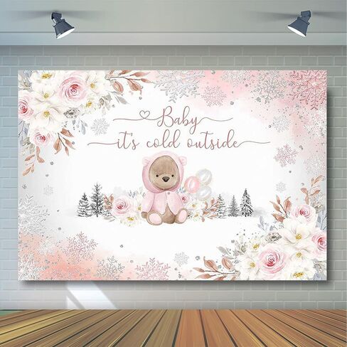 Avezano Winter Bear Baby Shower Backdrop for Girls Baby It's Cold Outside Party Decorations Photography Background We can Bearly Wait Pink Snowflakes Baby Shower Photoshoot (7x5ft) in Saudi Arabia