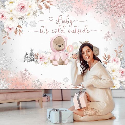 Avezano Winter Bear Baby Shower Backdrop for Girls Baby It's Cold Outside Party Decorations Photography Background We can Bearly Wait Pink Snowflakes Baby Shower Photoshoot (7x5ft) in Saudi Arabia