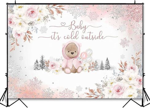 Avezano Winter Bear Baby Shower Backdrop for Girls Baby It's Cold Outside Party Decorations Photography Background We can Bearly Wait Pink Snowflakes Baby Shower Photoshoot (7x5ft) in Saudi Arabia