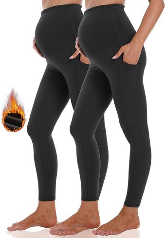 Maternity Fleece Lined Leggings Pregnancy Leggings Over The Belly Pockets High Waisted Pregnancy Winter Yoga Pants in Kuwait