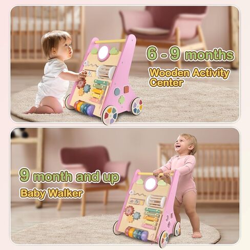 Baby Walker Push Toys, Montessori Walkers for Baby 6-12 Months, Wooden Walking Toys Activity Center for 1 Year Old Girl Boys Gifts in Kuwait