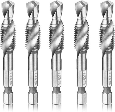 M5x0.8 Metric HSS Drill and Tap Bit Set, 1/4" Hex Shank, 5Pcs | Fast 1-Step Drilling And Tapping In Wood, Plastic And Aluminum With Self-Centering Point; Wide Flutes For Easy Chip Remova in Kuwait