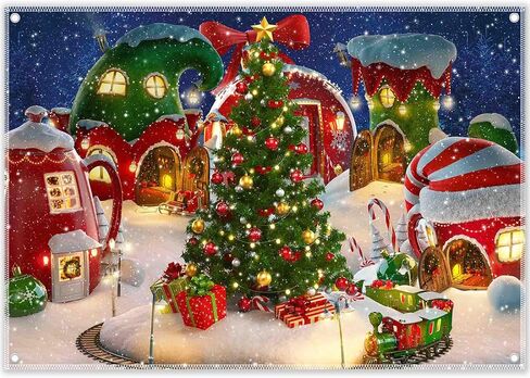 7x5ft Fabric Christmas Village Photography Backdrop Winter Snow Pine Tree Background Fairy Tale Animated Kids Xmas Party Decorations Photo Booth Banner in Saudi Arabia