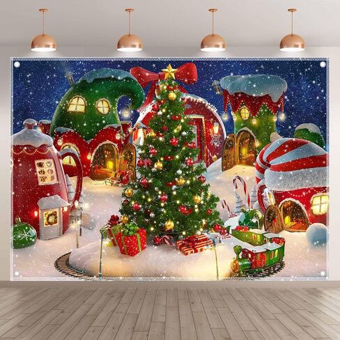 7x5ft Fabric Christmas Village Photography Backdrop Winter Snow Pine Tree Background Fairy Tale Animated Kids Xmas Party Decorations Photo Booth Banner in Saudi Arabia