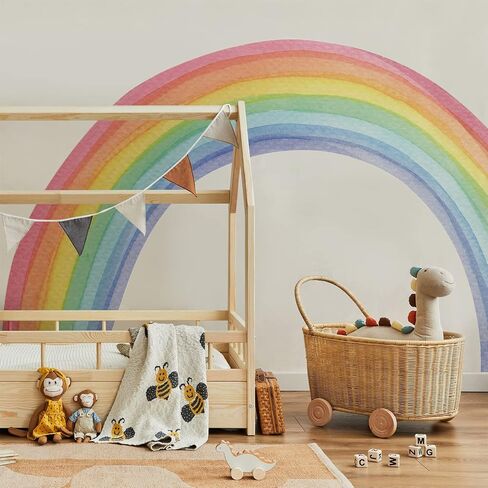 funlife Large Peel and Stick Vinyl Rainbow Wall Mural, Seamless Pastel Watercolor Rainbow Wall Sticker for Nursery Baby Kids Bedroom Living Room Decor, 94.49"x55.12" in Saudi Arabia