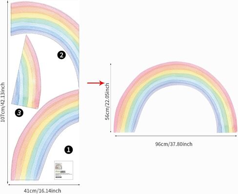 funlife Large Peel and Stick Vinyl Rainbow Wall Mural, Seamless Pastel Watercolor Rainbow Wall Sticker for Nursery Baby Kids Bedroom Living Room Decor, 94.49"x55.12" in Saudi Arabia