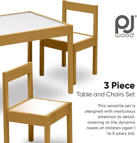 PJ Wood 3 Piece Solid Rubberwood Table and Chairs Set with Natural Finish, Rounded Edges and Corners, and Wipeable Dry Erase Surface in Saudi Arabia