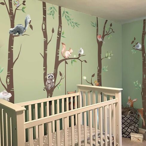 Giant Brown Birch Tree Wall Stickers Peel and Stick, Textured Vinyl Nursery Woodland Animals Wall Decals Murals, Tree Wallpaper Deer Wall Art Decor for Girls Bedroom Boys Playroom Kids Room in Saudi Arabia