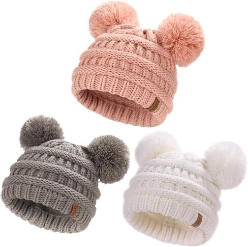 FURTALK Baby Winter Knitted Beanie Hat Soft Warm Pom Poms Toddler Skull Cap | Premium Acrylic & Cozy Ribbed Knit Design, Double-Layer Warmth, Snug Elastic Fit (0-3T), Available Multiple Colors in Kuwait