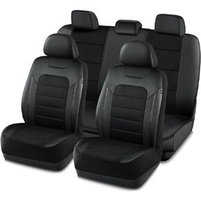 PIC AUTO Leather Car Seat Covers, Black Full Set Air Mesh with Carbon Fiber Automotive Seat Covers, Front and Rear Bench, Airbag Compatible Universal Fits Most Cars, SUVs, Trucks and Vans
