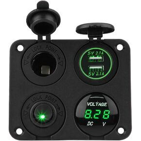Waterproof 4 Gang Marine Boat ON/Off Toggle Switch Panel & 4.2A Dual USB Socket & Voltmeter & Cigarette Lighter Blue LED Light(Blue)