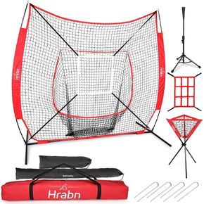 Hrabn 7x7' Portable Softball & Baseball Net Set for Hitting and Pitching with Batting Tee Ball Caddy Strike Zone Target and Carry Bag Baseball Training Equipment for Youth Adult Sport Practice