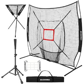 BaseGoal 7'×7' Baseball Softball Practice Net,Baseball Backstop,with Batting Tee,Ball Caddy,for Hitting Pitching Batting Catching with Bow Frame,Bonus Strike Zone,Portable and Foldable