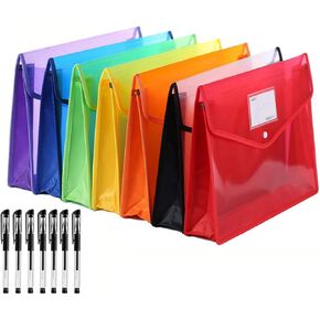 7 Pack File Folder - Expandable Poly Envelopes B4 Plastic Document Folder Button Closure Waterproof File Pouch with 7pcs Black Gel Ink Pens for School Office Supplies (Assorted Colors)