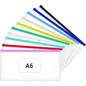 JARLINK 10 Pcs Poly Zip Envelope, A6 Size (9 x 4.7in) Plastic Zipper Pouches with Label Pocket, 10 Colors, Reusable Clear Pencil Bags for School and Office Supplies