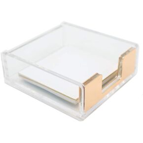 Clear Acrylic Yellow Gold Self-Stick Note Pad Holders Memo Note Cube Holder Dispenser 3.5x3.3 Inch for Office Home School Desk Organizer Supplies