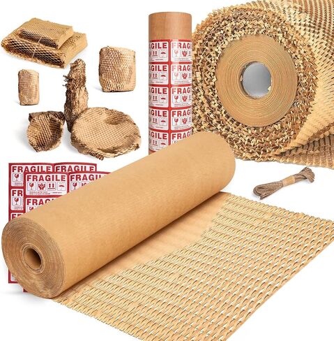 Honeycomb Packing Paper for Moving – 15" x 200' Sustainable Alternative to Bubble Wrap for Moving/shipping Fragile Items - With 20 Fragile Stickers and 33 ft Jute Rope in Saudi Arabia