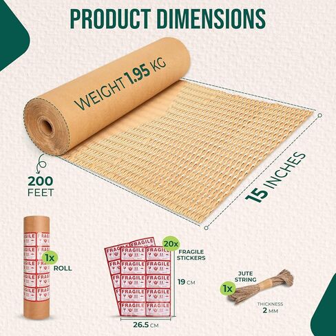 Honeycomb Packing Paper for Moving – 15" x 200' Sustainable Alternative to Bubble Wrap for Moving/shipping Fragile Items - With 20 Fragile Stickers and 33 ft Jute Rope in Saudi Arabia