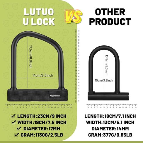 LuTuo U Bike Lock with Key, 17mm Bike Locks Heavy Duty Anti Theft Carbon Steel Bicycle Lock High Security Ebike Lock for Electric Scooter Mountain Bikes Wheel in Saudi Arabia