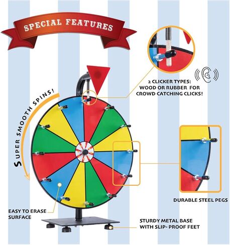 5 in 1 Tabletop Prize Wheel Spinner - 12" Carnival Games Smooth Spinning Wheel for Prizes, Raffle - Portable Dry Erase Spin the Wheel Game with Stand, Marker Pen & Eraser - Color & White Wheel Faces in Saudi Arabia
