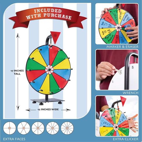 5 in 1 Tabletop Prize Wheel Spinner - 12" Carnival Games Smooth Spinning Wheel for Prizes, Raffle - Portable Dry Erase Spin the Wheel Game with Stand, Marker Pen & Eraser - Color & White Wheel Faces in Saudi Arabia