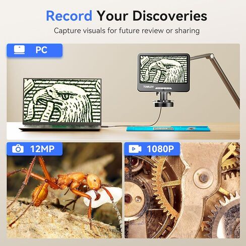 TOMLOV DM402 مجهر رقمي LCD مرن مقاس 10 بوصات، مجهر لحام لإصلاح الإلكترونيات، مجهر عملة عرض كامل، مكبر عملة مع ضوء حلقة، مجهر فيديو للكمبيوتر الشخصي للبالغين 1200X، 64 جيجابايت in Kuwait