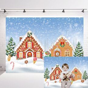 INRUI Polyester Christmas Gingerbread House Backdrop Merry Xmas Lollipop Candyland Snow Scene Photography for Christmas Party Holiday Home Decoration (5x3FT)