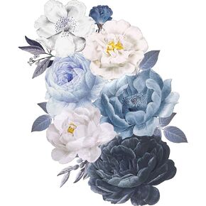 Blue Peony Flower Wall Decals Watercolor Peonies Wall Stickers Vintage Rose Blossom Floral Wall Art Mural for Girls Room Bedroom Living Room Sofa TV Background Nursery Office (Navy Blue)