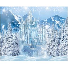 Funnytree 10x8FT Winter Castle Photography Backdrop Blue Ice Forest Wonderland Background Snow Mountian Pine Tree Baby Shower Kids Birthday Party Supplies Decoration Photo Booth Prop