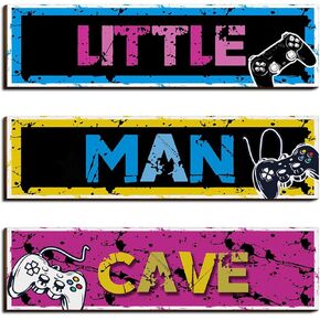 3Pcs Video Game Wall Art Wooden, Little Man Cave Sign Hanging, Boys Gaming Room Door Decorations Accessories, Gamer Wall Plaques Decor for Boys Kids Bedroom Playroom Nursery