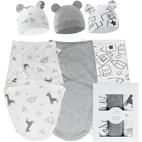 Baby Swaddle Blankets with Hats for Infant Girls & Boys, Newborn Sleeping Sack with Hat, Promotes Soothing Sleep-Set of 3 (Grey Bliss) in Saudi Arabia