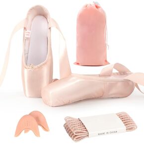 Ballet Pointe Shoes, Pink Ballet Pointe Shoes for Girls and Women with Ballet Toe Pads/Elastic Band