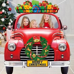 Christmas Red Truck Photo Prop Merry Christmas Party Decorations Large Fabric Funny Selfie Frame Backdrop Background Door Banner for Winter Xmas Birthday Party Game Decor Supply Favor 74 x 67 Inch