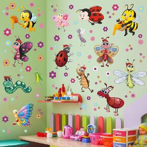 Cartoon Insect Wall Sticker DIY Removable Little Bee Flower Butterfly Ant Snake Ladybug Dragonfly Praying Mantis Peel and Stick Wall Decal Decor for Kids Baby Boys Bedroom Playroom Nursery Classroom