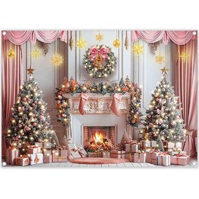 ZTHMOE Fabric 7x5ft Pink Christmas Photography Backdrop Fireplace Xmas Tree Winter Background Girl Holiday Party Decoration Family Portrait Photo Banner Props
