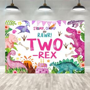 Lofaris 7x5ft Blue Dinosaur Second Birthday Backdrop Two-rex Cartoon Green Palma Leaves Photography Background for Kids Boy Party Decoration Supplies Cake Table Decor Banner Photobooth Props
