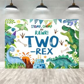 Lofaris 7x5ft Blue Dinosaur Second Birthday Backdrop Two-rex Cartoon Green Palma Leaves Photography Background for Kids Boy Party Decoration Supplies Cake Table Decor Banner Photobooth Props in Saudi Arabia