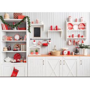 Christmas Kitchen Backdrops White Cupboard Red Tableware Photography Background Xmas Eve Wreath Pine New Year Festival Decoration Children Adult Family Party Photo Studio Props 7x5ft Vinyl