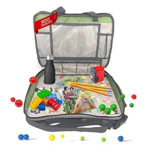 Kids Travel Tray - Essential 3 in 1 Convenient Convertible Car Seat Travel Tray for Kids - Organizer (Gray & Lime Green)