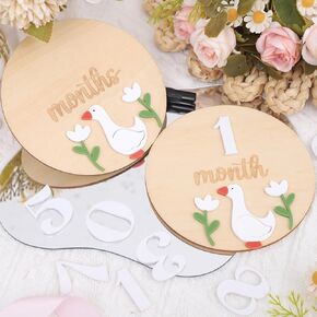 Goose Monthly Milestone Wooden Board - Wood One Silky Goose First Year Monthly Decoration, Baby Nursery Milestone Sign, Newborn Monthly Milestone Disc, 1-12 Months Record for Newborns